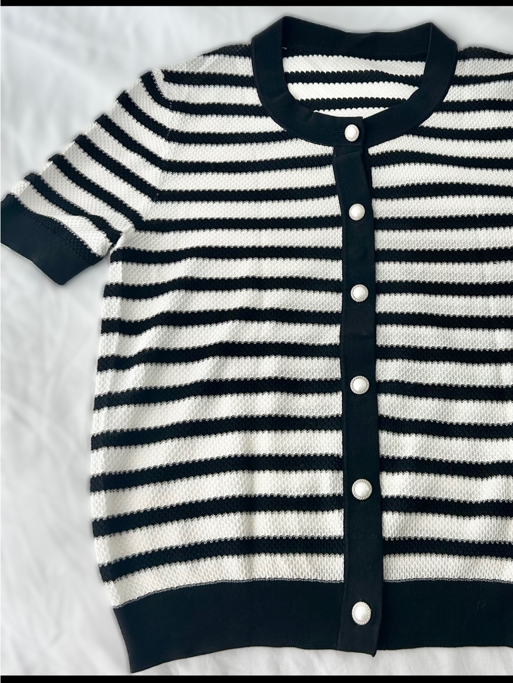 Women's Black and White Striped Button-Front Cardigan